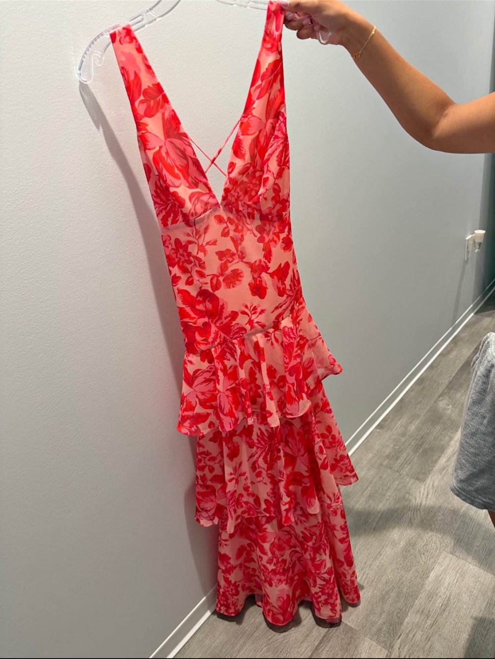 Floral V-Neck Tiered Ruffle Maxi Dress in Coral Pink